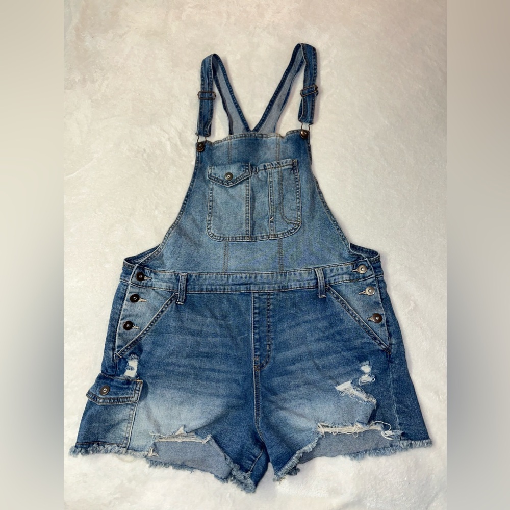 Denim Short Distressed Cotton Overalls